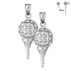 Sterling Silver 31mm Golf Ball On Tee Earrings (White or Yellow Gold Plated)