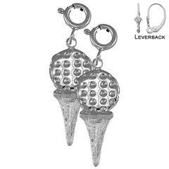 Sterling Silver 25mm Golf Ball On Tee Earrings (White or Yellow Gold Plated)