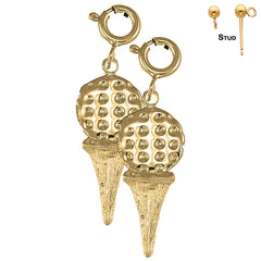 Sterling Silver 25mm Golf Ball On Tee Earrings (White or Yellow Gold Plated)