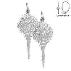 Sterling Silver 28mm Golf Ball On Tee Earrings (White or Yellow Gold Plated)