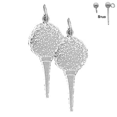 Sterling Silver 28mm Golf Ball On Tee Earrings (White or Yellow Gold Plated)