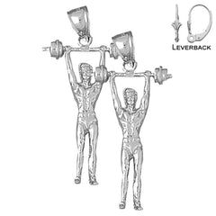 Sterling Silver 40mm 3D Body Builder Earrings (White or Yellow Gold Plated)