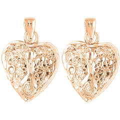 14K or 18K Gold 24mm 3D Filigree Heart Earrings