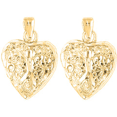 14K or 18K Gold 24mm 3D Filigree Heart Earrings