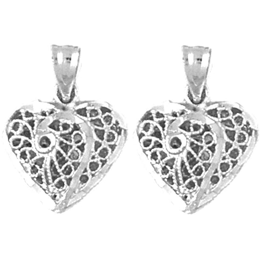 Sterling Silver 16mm 3D Filigree Heart Earrings