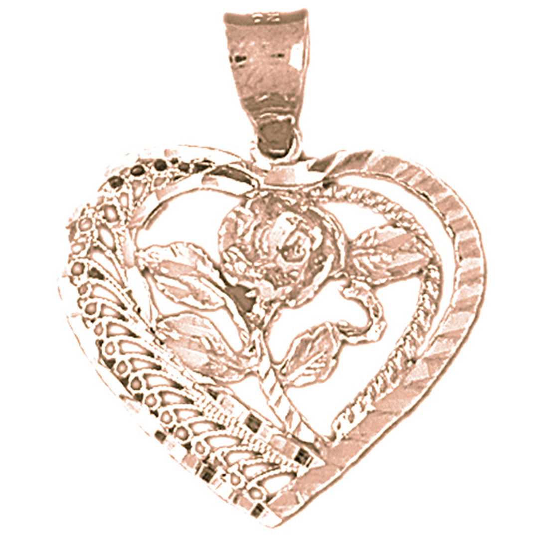 10K, 14K or 18K Gold Heart And Rose Pendant
