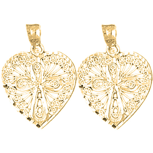 14K or 18K Gold 25mm Heart With Cross Earrings