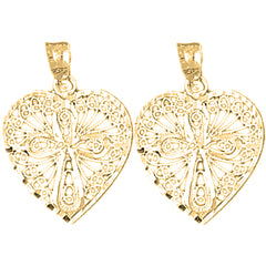 Yellow Gold-plated Silver 25mm Heart With Cross Earrings
