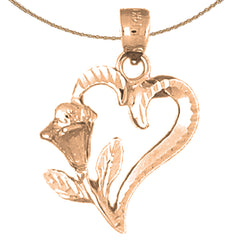 10K, 14K or 18K Gold Heart With Rose Pendant