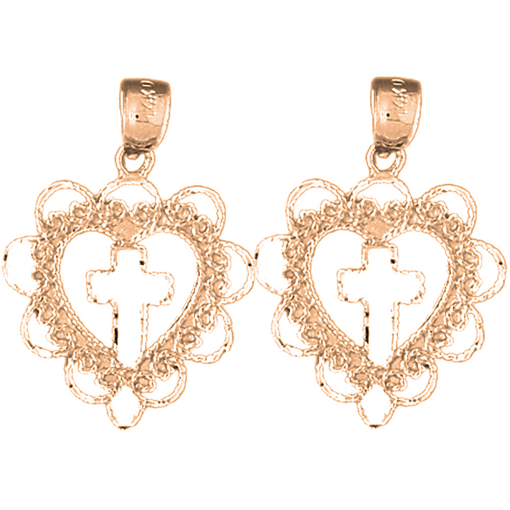 14K or 18K Gold 26mm Heart With Cross Earrings
