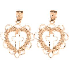 14K or 18K Gold 26mm Heart With Cross Earrings