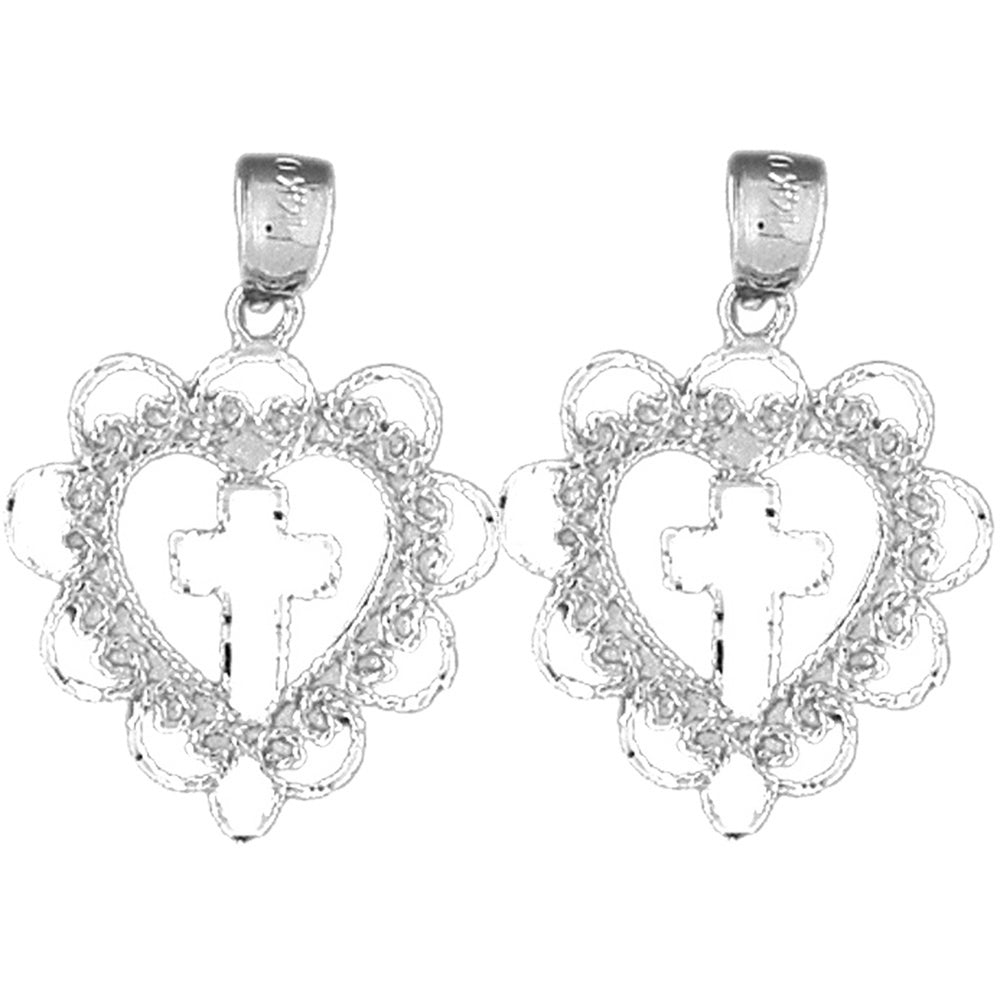 14K or 18K Gold 26mm Heart With Cross Earrings