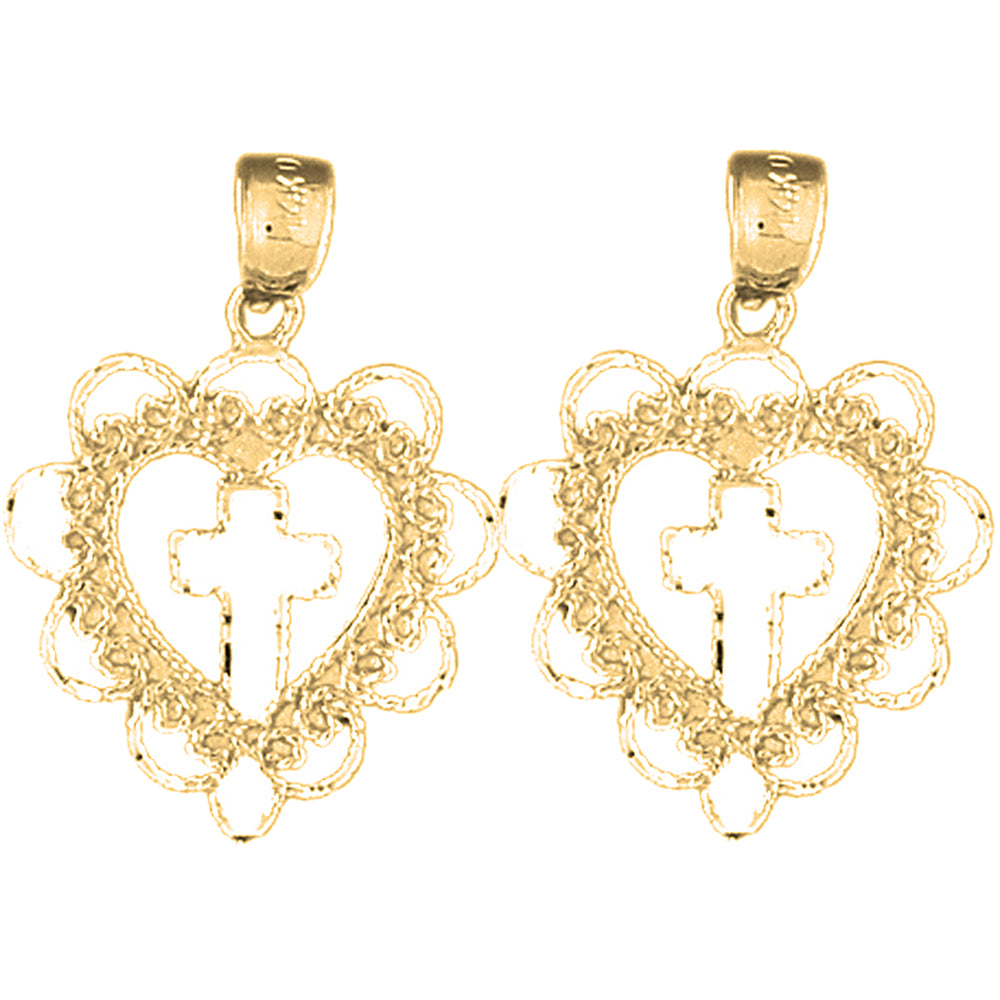14K or 18K Gold 26mm Heart With Cross Earrings
