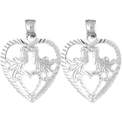 Sterling Silver 25mm Heart With Lovebirds Earrings