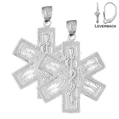 Pendientes de caduceo de alerta médica de plata de ley de 34 mm (chapados en oro blanco o amarillo)