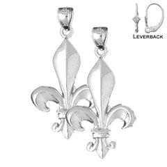 Sterling Silver 35mm Fleur de Lis Earrings (White or Yellow Gold Plated)