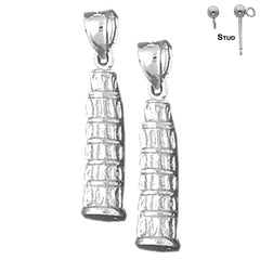 Pendientes de plata de ley de 26 mm con forma de torre inclinada de Pisa en 3D (chapados en oro blanco o amarillo)