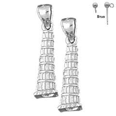Pendientes de plata de ley con forma de torre inclinada de Pisa en 3D de 23 mm (chapados en oro blanco o amarillo)