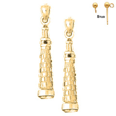 Pendientes de plata de ley de 30 mm con forma de torre inclinada de Pisa en 3D (chapados en oro blanco o amarillo)