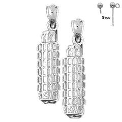 Pendientes de plata de ley con forma de torre inclinada de Pisa en 3D de 27 mm (chapados en oro blanco o amarillo)