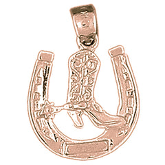 10K, 14K or 18K Gold Horseshoe With Cowboy Boot Pendant