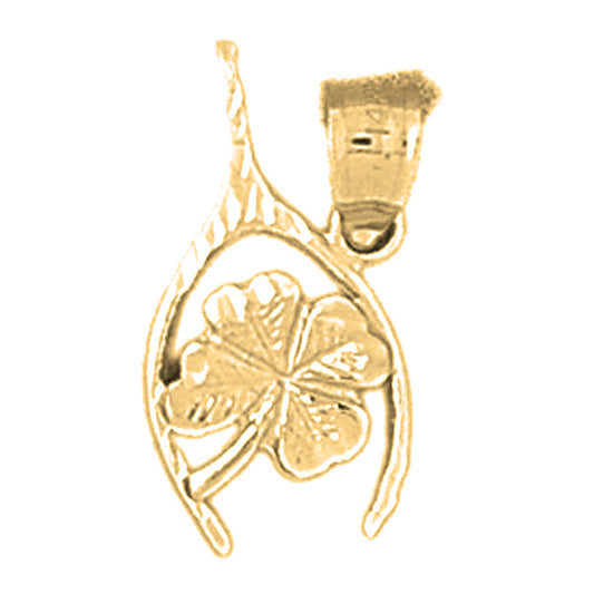 14K or 18K Gold Wish Bone With Clover, Shamrock Pendant