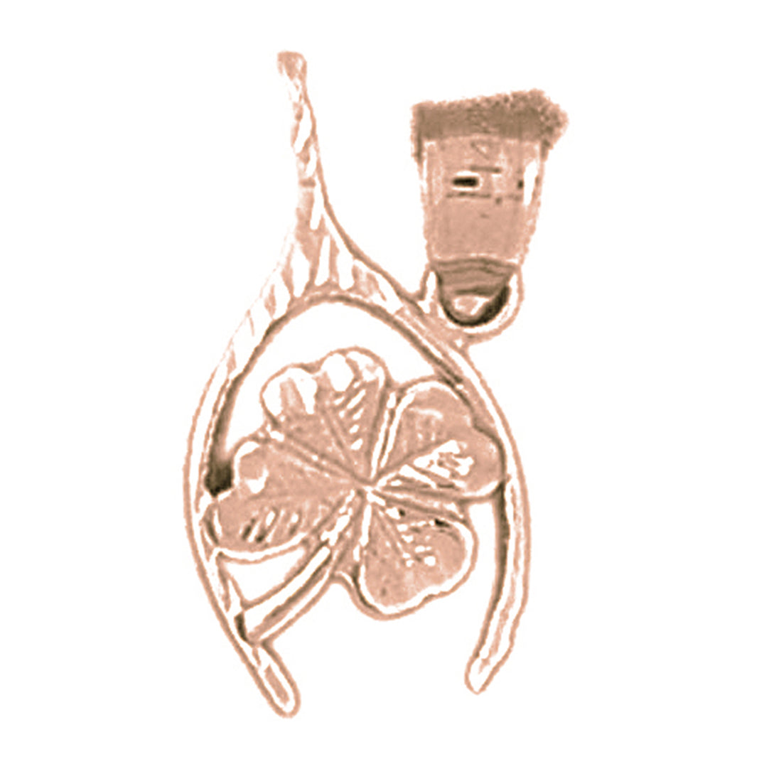 14K or 18K Gold Wish Bone With Clover, Shamrock Pendant