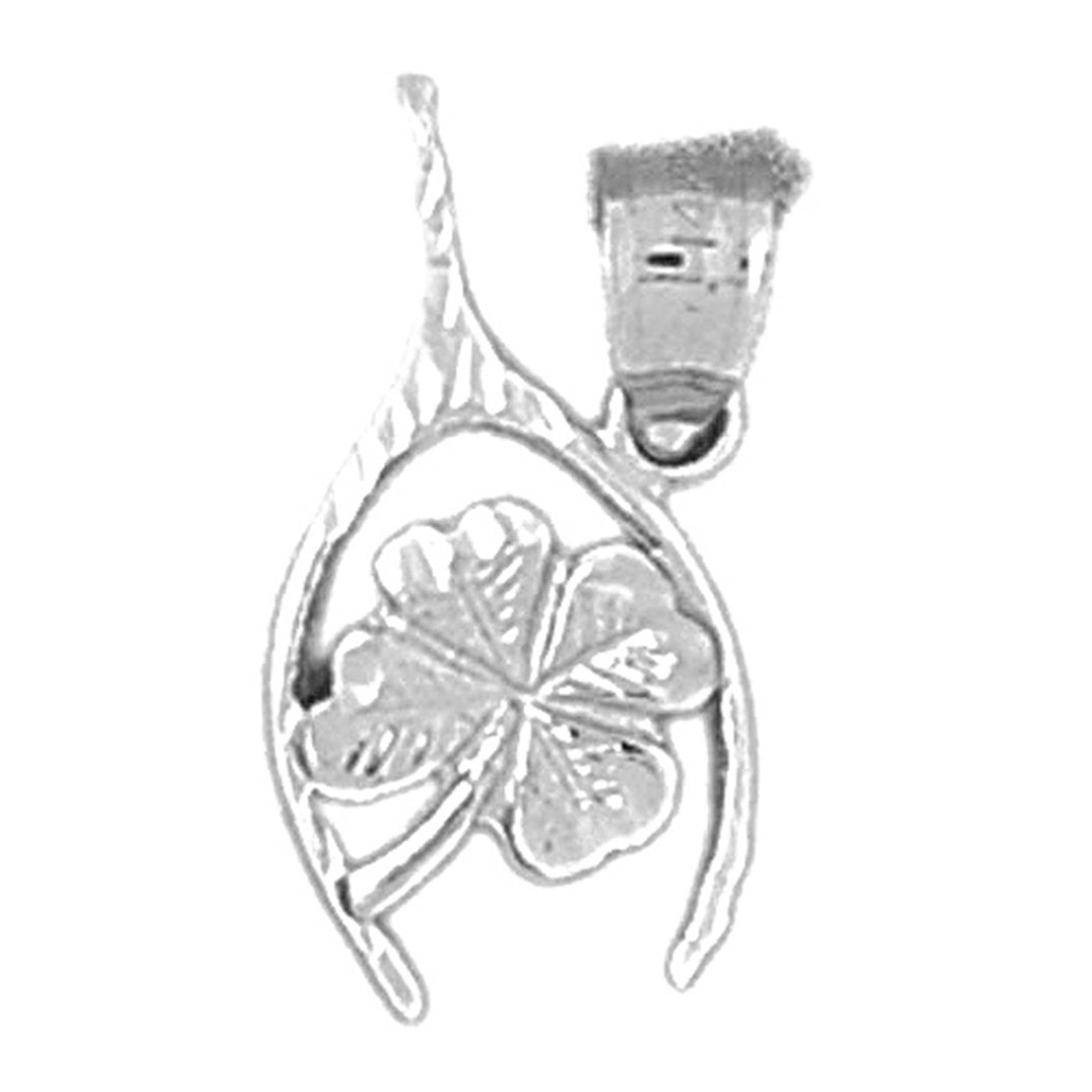 14K or 18K Gold Wish Bone With Clover, Shamrock Pendant