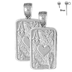 Pendientes de plata de ley de 24 mm con naipes y as de corazones (chapados en oro blanco o amarillo)