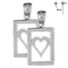 Pendientes de plata de ley de 24 mm con naipes y as de corazones (chapados en oro blanco o amarillo)