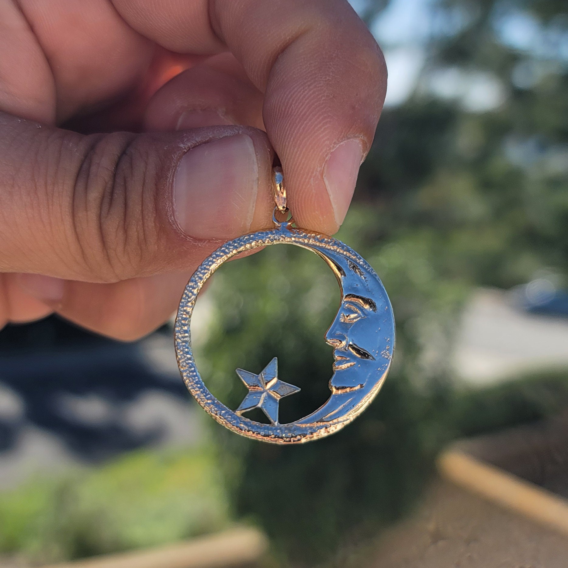 10K, 14K or 18K Gold Crescent Moon Face With Star Pendant