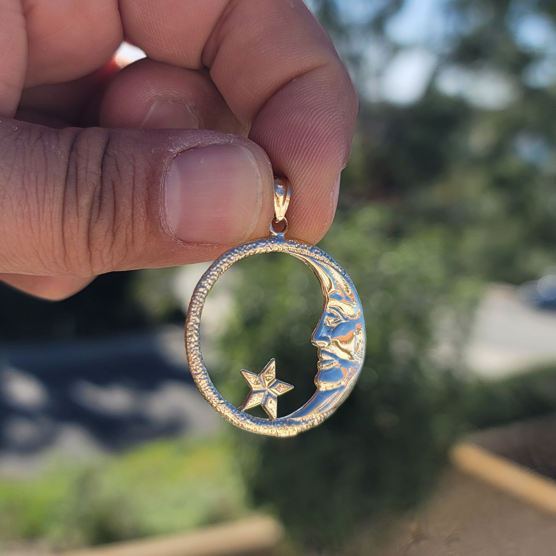 10K, 14K or 18K Gold Crescent Moon Face With Star Pendant