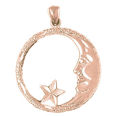 10K, 14K or 18K Gold Crescent Moon Face With Star Pendant