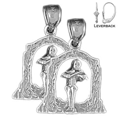 Sterling Silver 24mm Angel Playing Violin Earrings (White or Yellow Gold Plated)