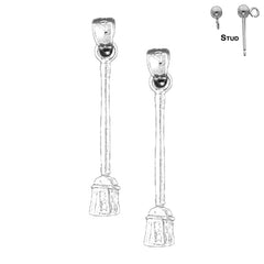 Sterling Silver 29mm 3D Broom Earrings (White or Yellow Gold Plated)