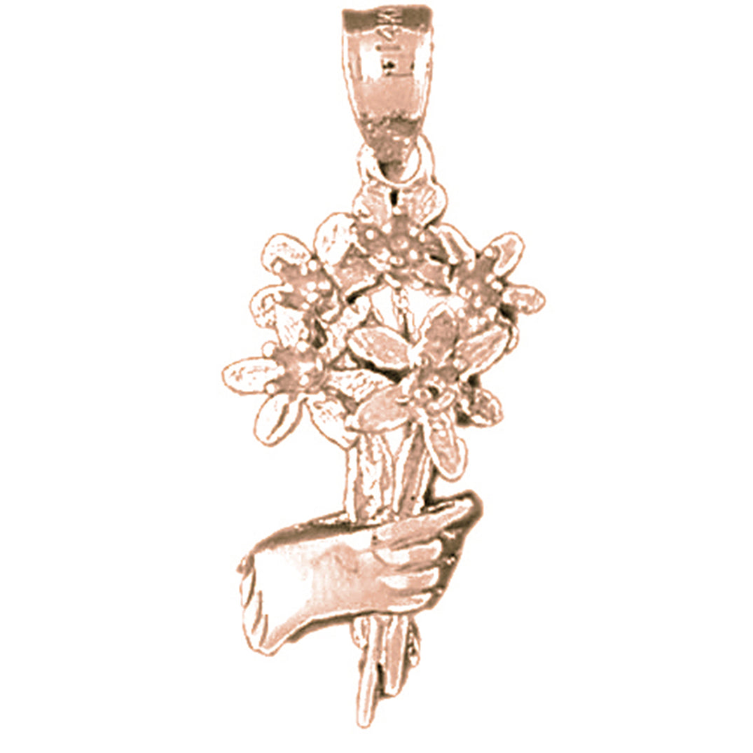 10K, 14K or 18K Gold Hand Holding Bouquet of Flowers Pendant