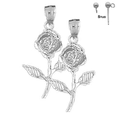 Sterling Silver 31mm Rose Flower Earrings (White or Yellow Gold Plated)