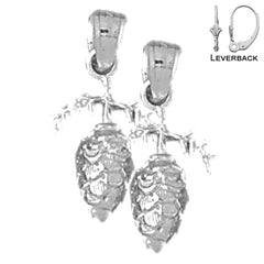 Sterling Silver 22mm 3D Pine Cone Earrings (White or Yellow Gold Plated)