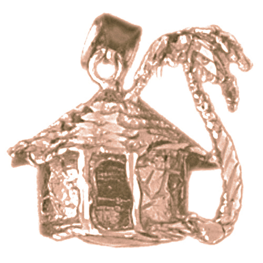 10K, 14K or 18K Gold 3D Palm Tree And Hut Pendant