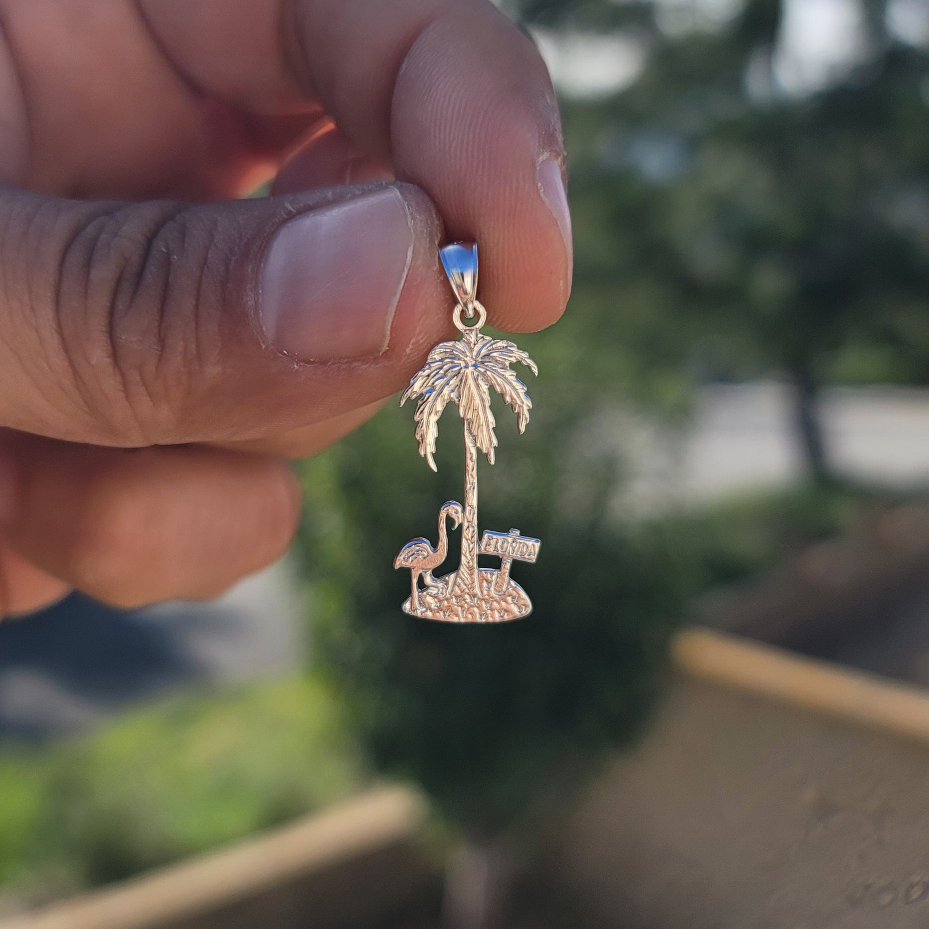 14K or 18K Gold Palm Tree With Flamingo Pendant