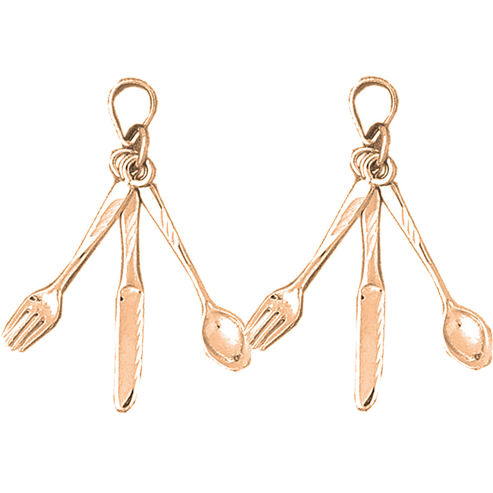 14K or 18K Gold 36mm 3D Utensil Set, Fork, Knife, And Spoon Earrings