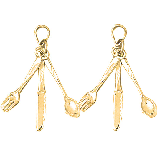 14K or 18K Gold 36mm 3D Utensil Set, Fork, Knife, And Spoon Earrings