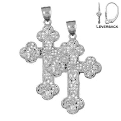 Sterling Silver 52mm Budded Cross Earrings (White or Yellow Gold Plated)