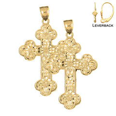 Sterling Silver 52mm Budded Cross Earrings (White or Yellow Gold Plated)