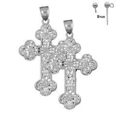 Sterling Silver 52mm Budded Cross Earrings (White or Yellow Gold Plated)