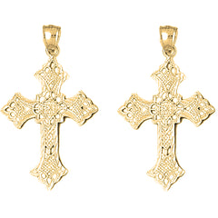 Yellow Gold-plated Silver 49mm Budded Cross Earrings