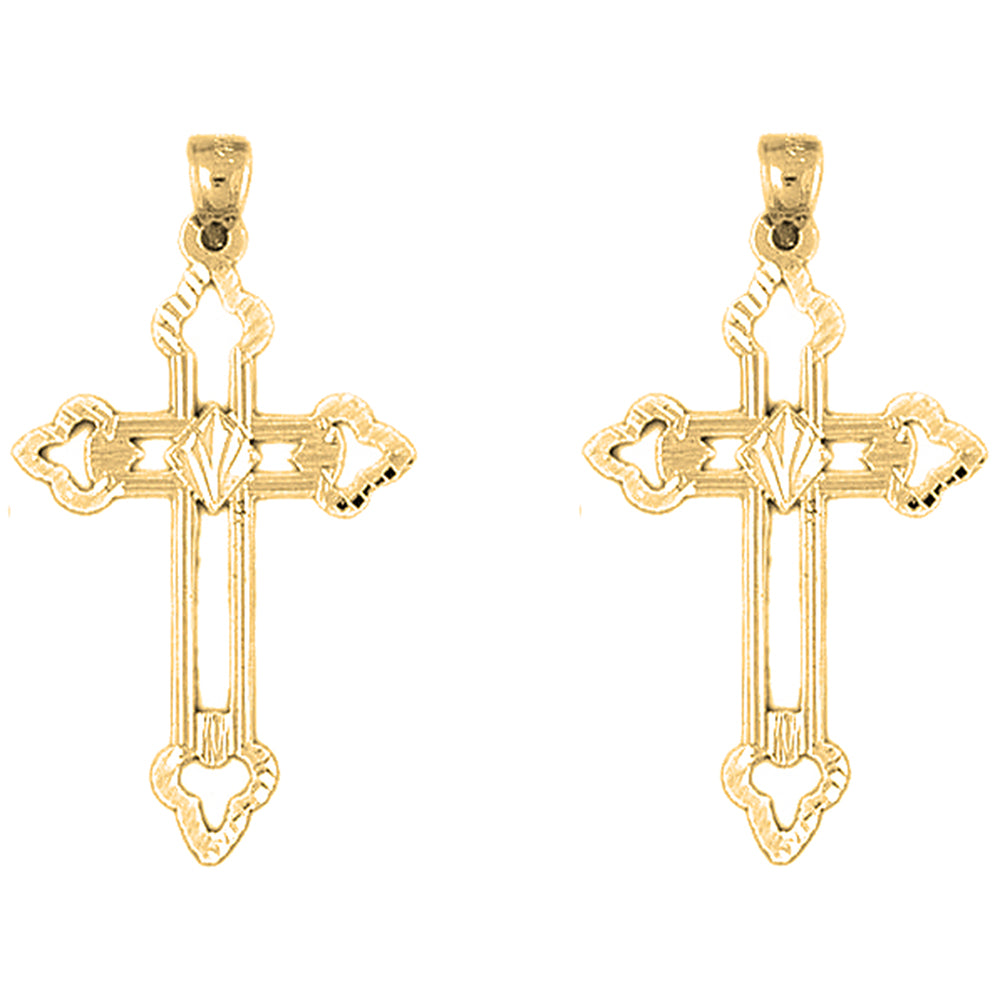 Yellow Gold-plated Silver 42mm Budded Cross Earrings