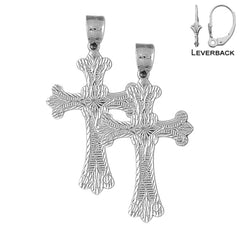 Sterling Silver 57mm Fleur de Lis Cross Earrings (White or Yellow Gold Plated)
