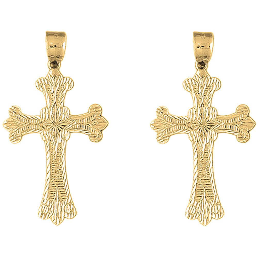 Yellow Gold-plated Silver 57mm Fleur de Lis Cross Earrings