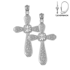 Sterling Silver 42mm Floral Cross Earrings (White or Yellow Gold Plated)
